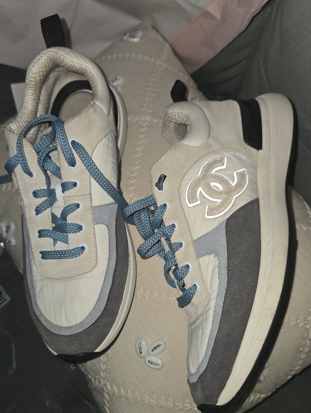 CHANEL Men's Cream, Gray & Blue Low-Top Sneakers